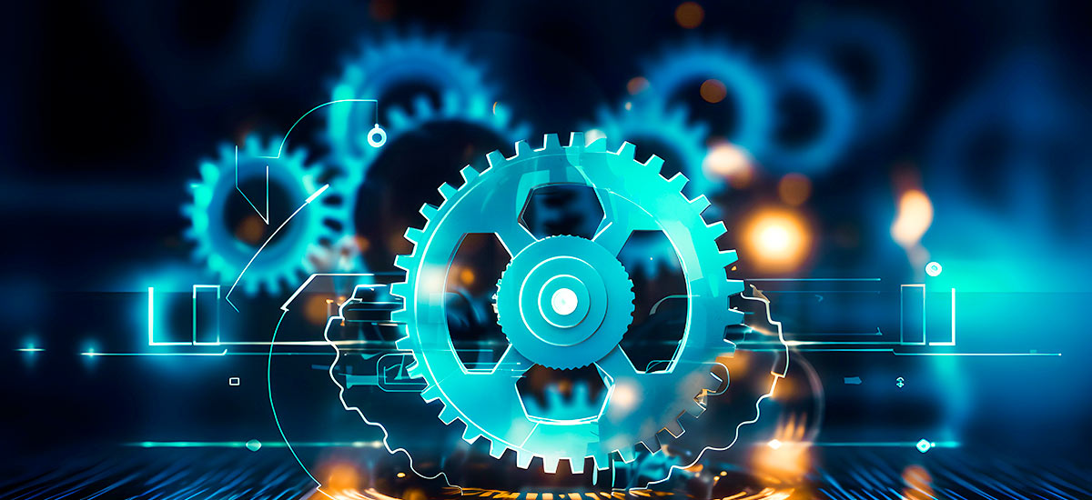 Gears symbolizing technical processes and automation.