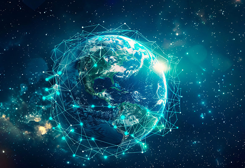 Globe in space with a glowing digital network representing global connectivity.