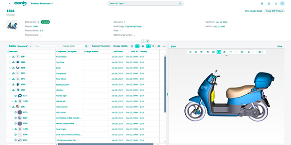  SAP IPD PLM interface displaying a 3D model of a blue scooter with a parts list and engineering details. 